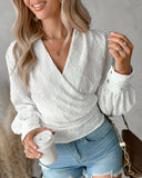 Embroidered Solid Color V-Neck Long Sleeved Shirt