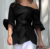 Fashion Casual Blue Off Shoulder Long Sleeved Top