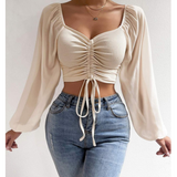 Long Sleeved Pit Stripe Patchwork Chiffon Tight Top