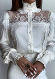 White High Collar Lace Stitching Long Sleeved Shirt