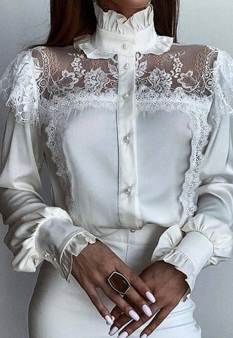 White High Collar Lace Stitching Long Sleeved Shirt