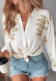 Solid Color Embroidered Long Sleeved Leaf Shirt Top