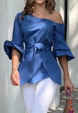 Fashion Casual Blue Off Shoulder Long Sleeved Top