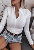 White Zipper Slim Long Sleeve Chiffon Top