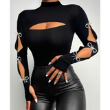 Elegant Diamond Button Decoration Tight Long Sleeve Top