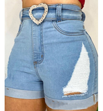 Blue Women'S High Waisted Tight And Torn Denim Shorts
