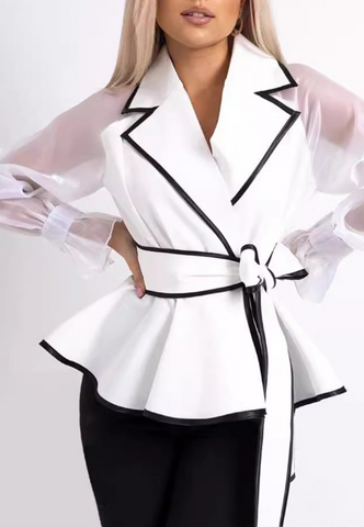 Elegant Temperament White Mesh Color Blocking Top