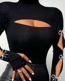 Elegant Diamond Button Decoration Tight Long Sleeve Top