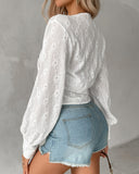 Embroidered Solid Color V-Neck Long Sleeved Shirt