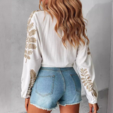 Solid Color Embroidered Long Sleeved Leaf Shirt Top