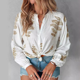 Solid Color Embroidered Long Sleeved Leaf Shirt Top