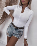 White Zipper Slim Long Sleeve Chiffon Top