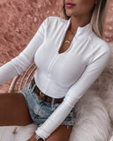 White Zipper Slim Long Sleeve Chiffon Top