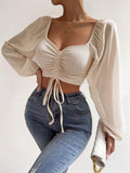 Long Sleeved Pit Stripe Patchwork Chiffon Tight Top
