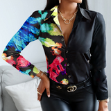 Temperament Long Sleeve Print Contrast Color Splicing Shirt