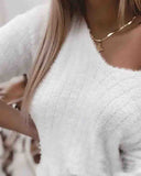 Solid Color Women'S White Long-Sleeved Sweater