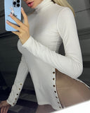 Elegant White High Neck Split Long Sleeve Tight Top