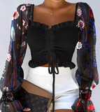 Long Sleeve Black Splicing Mesh Shirt Top