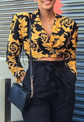 Vintage V-Neck Print Long Sleeve Shirt Top