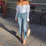 Solid Color Slim One-Shoulder Open Back Long Sleeve Top