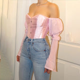 Solid Color Slim One-Shoulder Open Back Long Sleeve Top