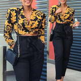 Vintage V-Neck Print Long Sleeve Shirt Top