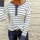 Long Sleeve Loose Striped Contrast Button T-Shirt Top