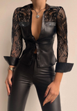 Solid Color Sexy Lace Splicing Long Sleeve Shirt