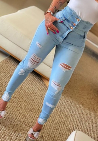 Casual High Waist Buttoned Ripped Jeans