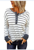 Long Sleeve Loose Striped Contrast Button T-Shirt Top