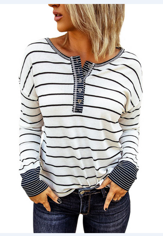 Long Sleeve Loose Striped Contrast Button T-Shirt Top