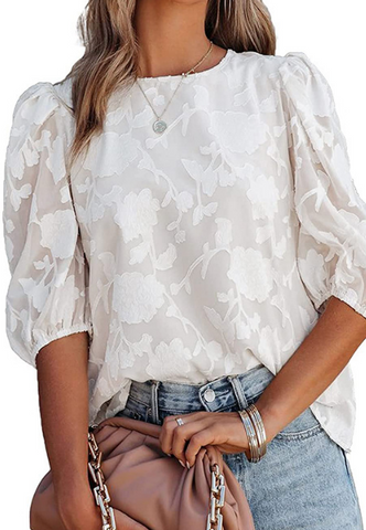 Fashion Chiffon Round Neck Puff Sleeve Shirt