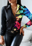 Temperament Long Sleeve Print Contrast Color Splicing Shirt