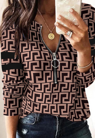 Fashion Printed Long Sleeve Zipper Casual Tops