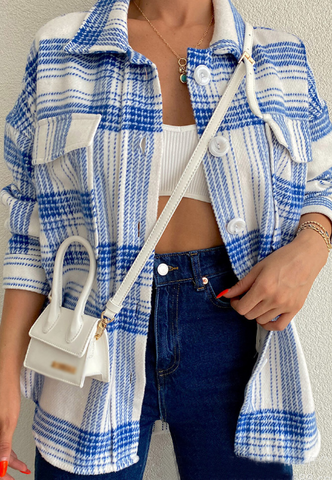 Temperament Plaid Casual Long Sleeve Blue Coat