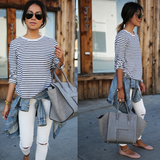 Fashion round neck striped long-sleeved T-shirt