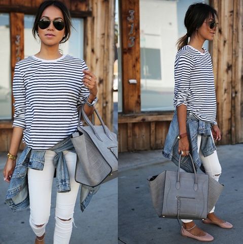 Fashion round neck striped long-sleeved T-shirt