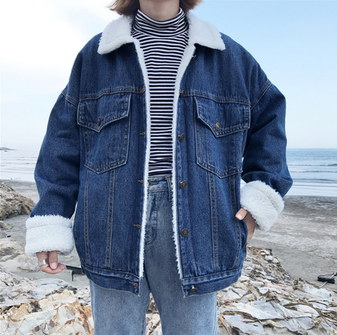 Winter Vintage Denim Jacket Women Thicken Lamb Fur Warm Fleece Jeans Womens Jackets Coat Boyfriend Windbreaker Parka Casaco