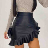 Black Irregular Ruffled Skinny PU Skirt