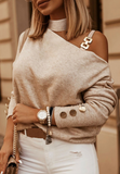 Slanted Shoulder Chain Decorated Long Sleeve Tops