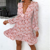 Slim V-Neck Bowknot Printed High Waist Long Sleeve Dress