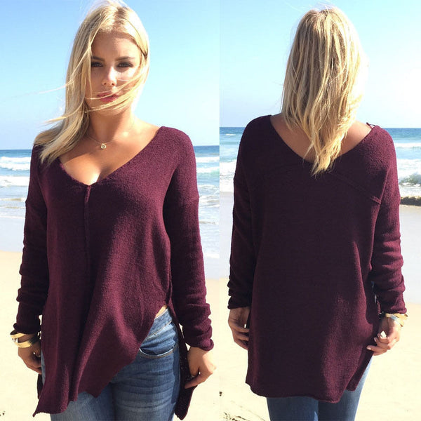 Loose V-Neck Wwist Long Sleeve Sweater(6 Colors) main image 1