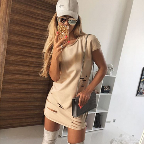 Solid color round neck short sleeve package hip dress