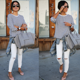 Fashion round neck striped long-sleeved T-shirt