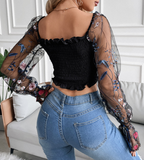 Long Sleeve Black Splicing Mesh Shirt Top