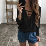 Solid Color Long-Sleeved Chiffon V-Neck Shirt