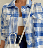 Temperament Plaid Casual Long Sleeve Blue Coat