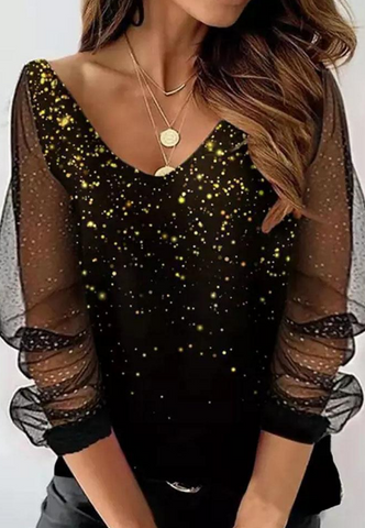 V-Neck Casual Loose Print Long-Sleeved T-Shirt