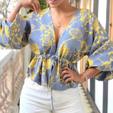 V-Neck Sexy Long Sleeve Print Top