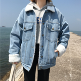 Winter Vintage Denim Jacket Women Thicken Lamb Fur Warm Fleece Jeans Womens Jackets Coat Boyfriend Windbreaker Parka Casaco